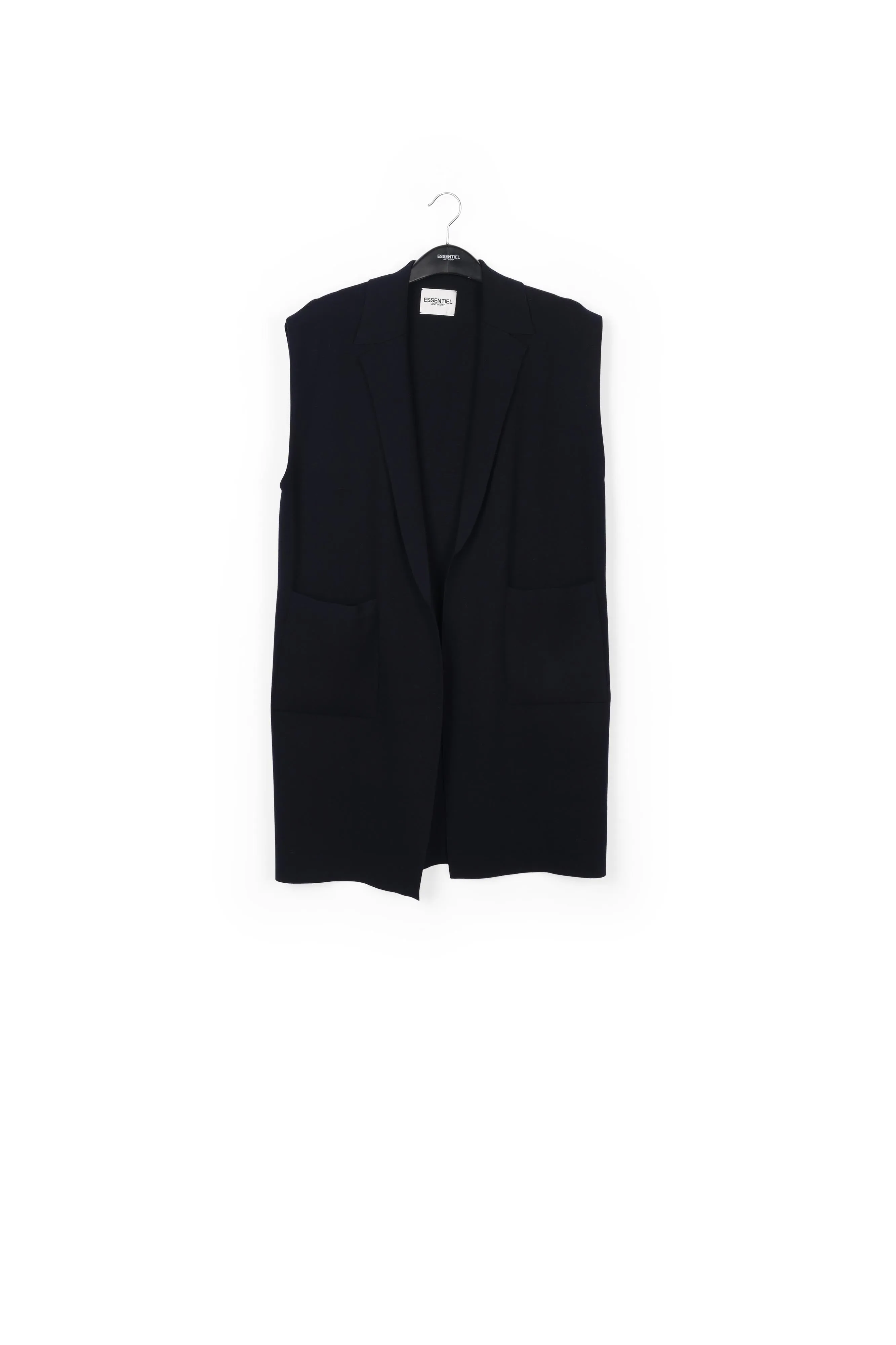 Dark blue sleeveless midi-length cardigan