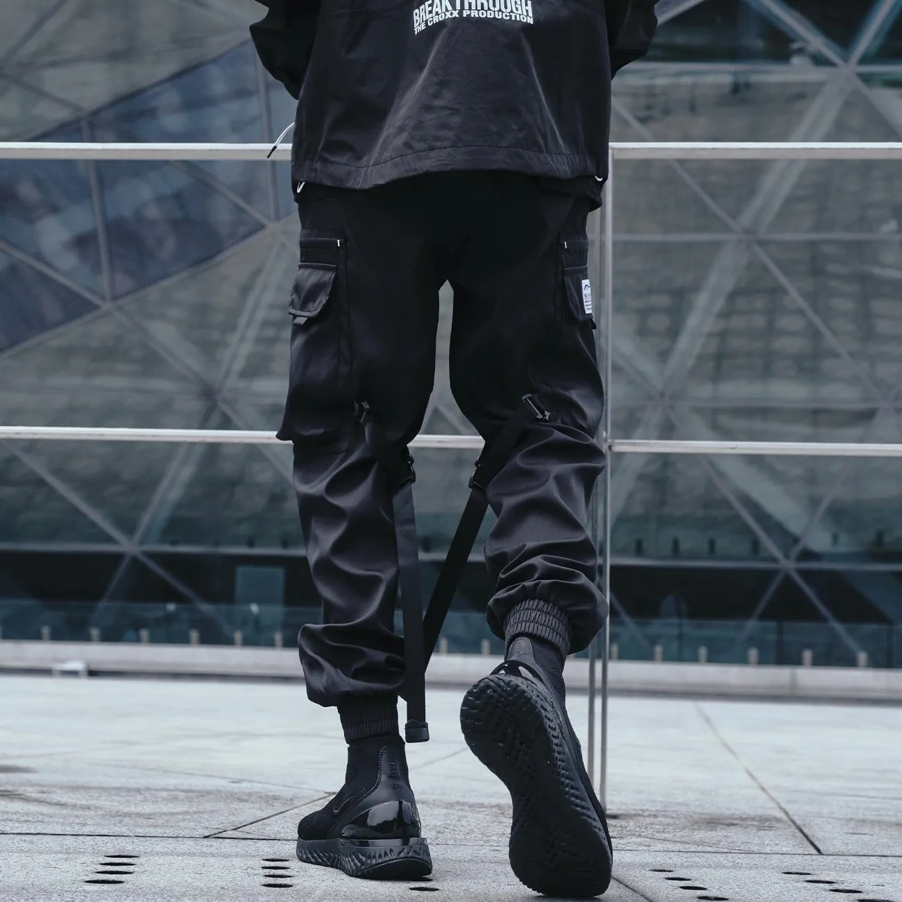 Dark Combat Ribbons Zip Up Pockets Cargo Pants