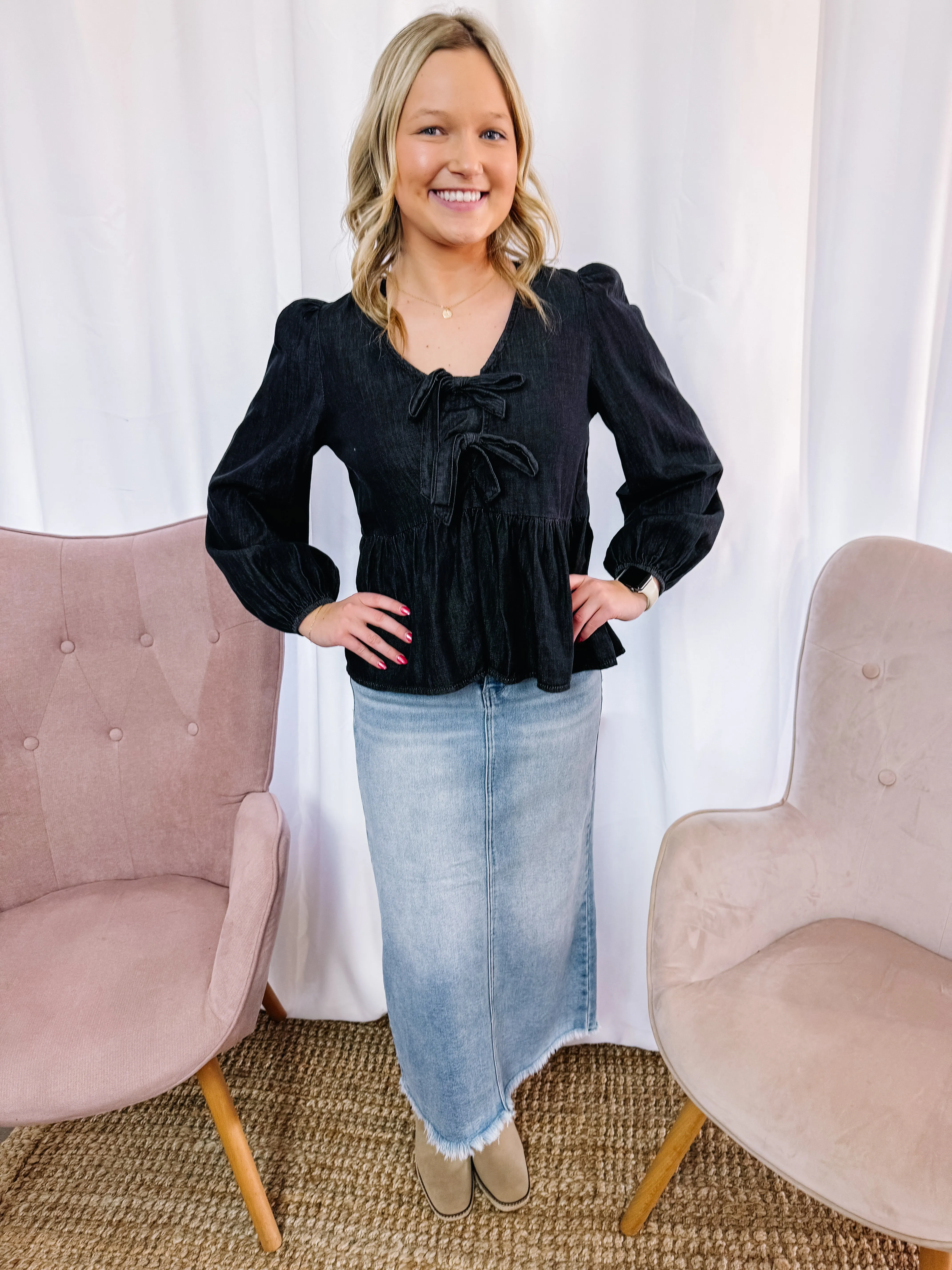 Deaunn- Denim Tie Front Peplum Blouse