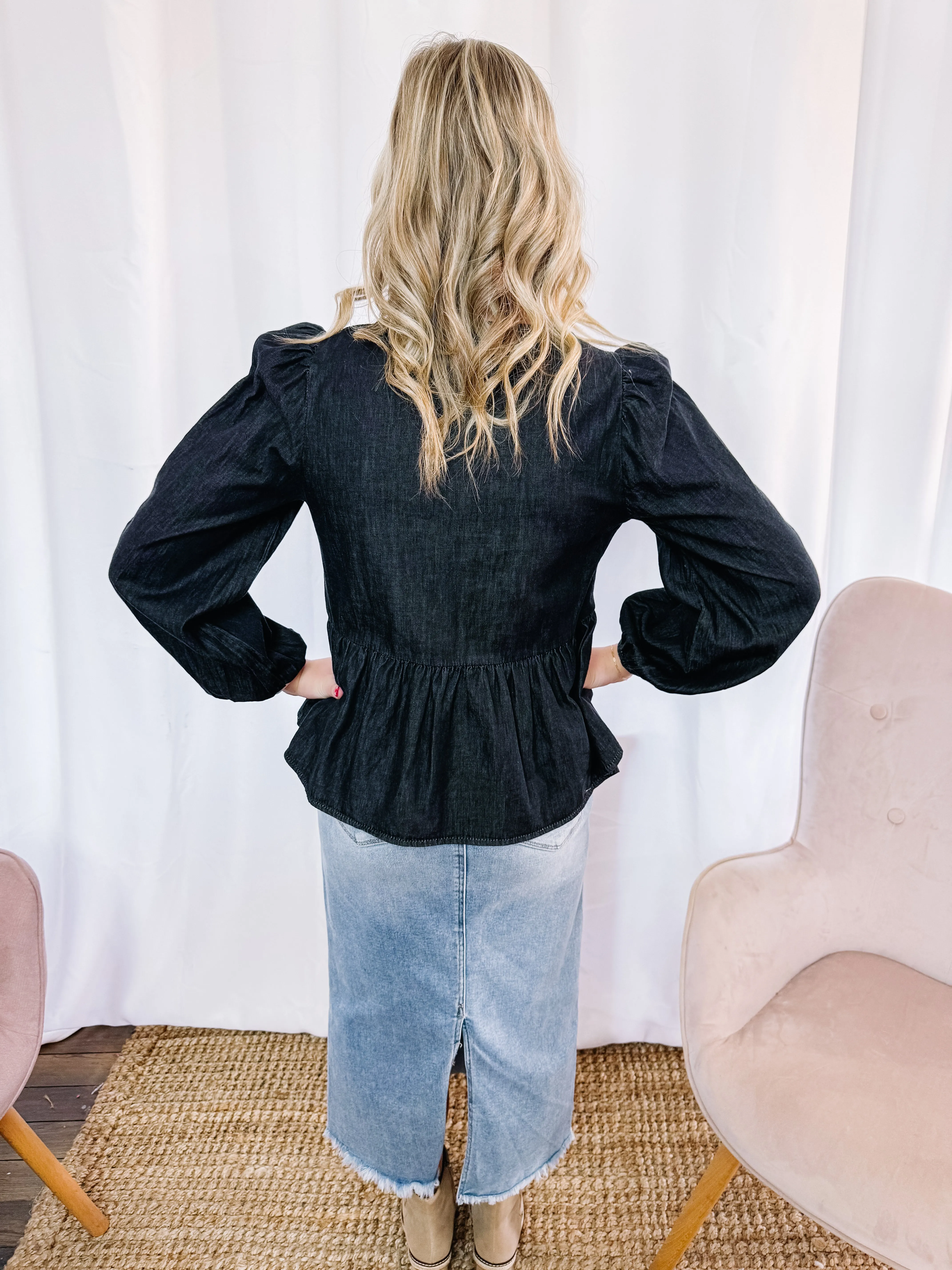 Deaunn- Denim Tie Front Peplum Blouse