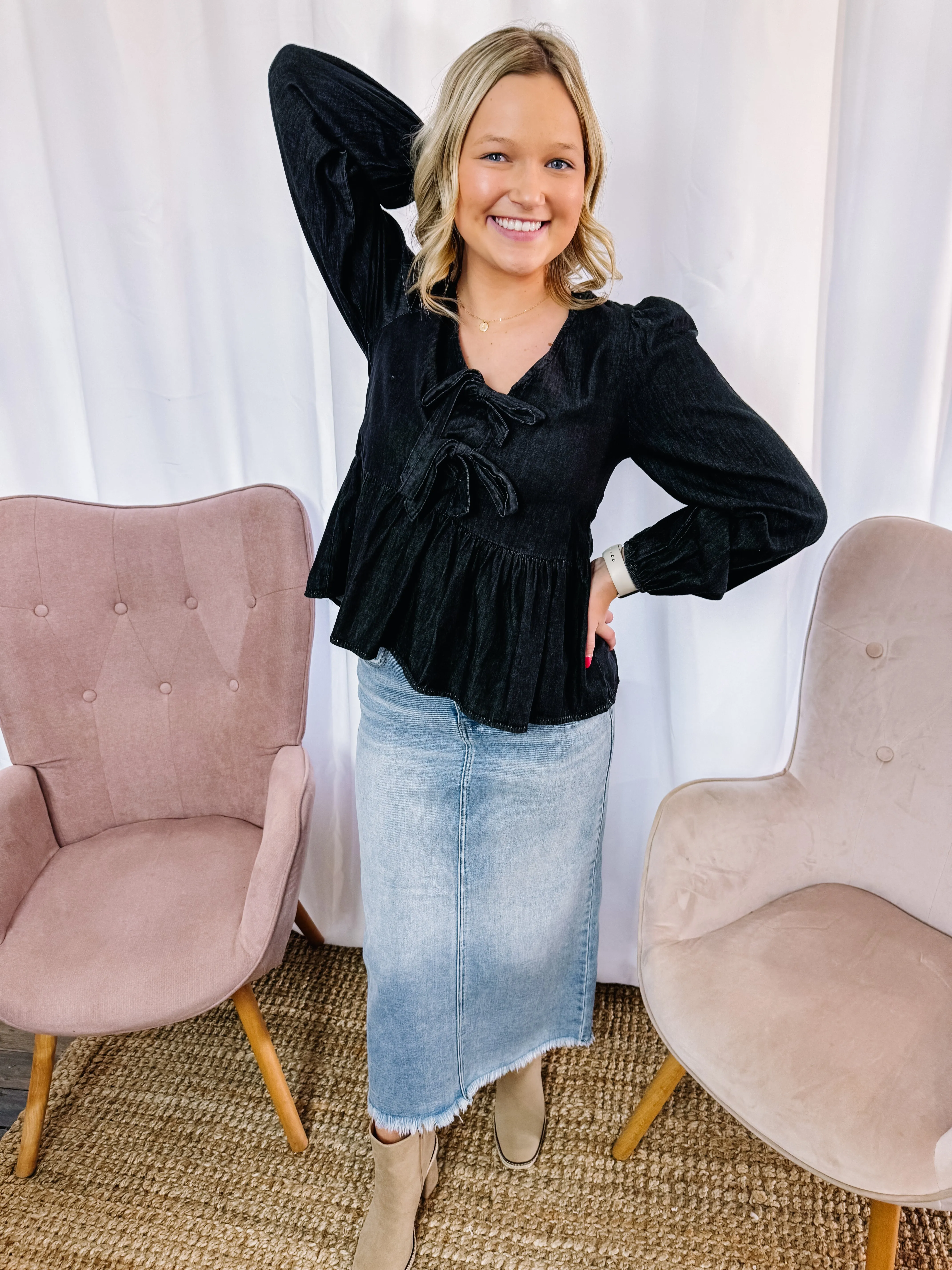 Deaunn- Denim Tie Front Peplum Blouse