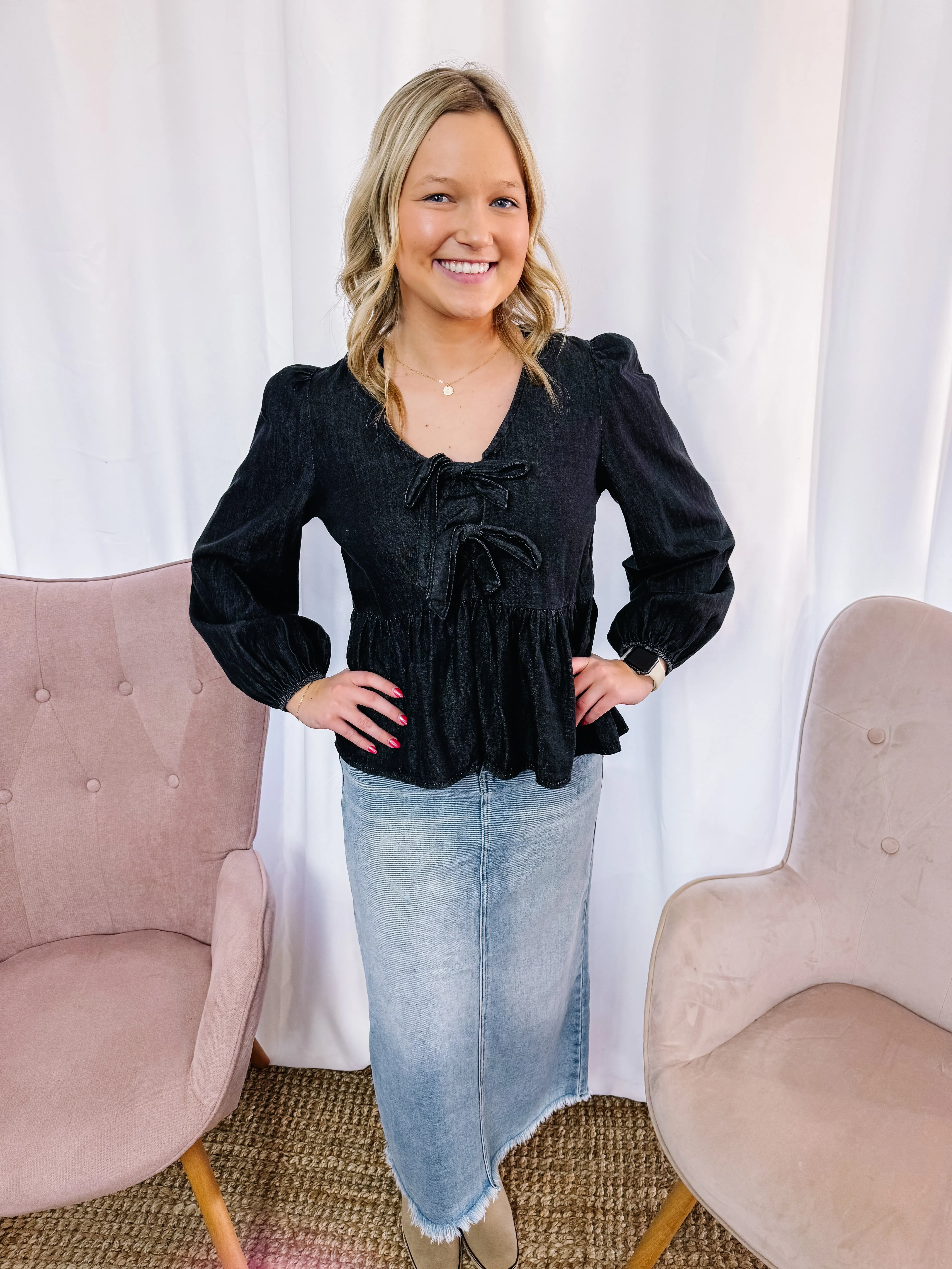 Deaunn- Denim Tie Front Peplum Blouse
