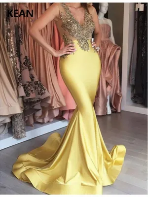 Deep-v Gold Appliques Mermaid Illusion Dress
