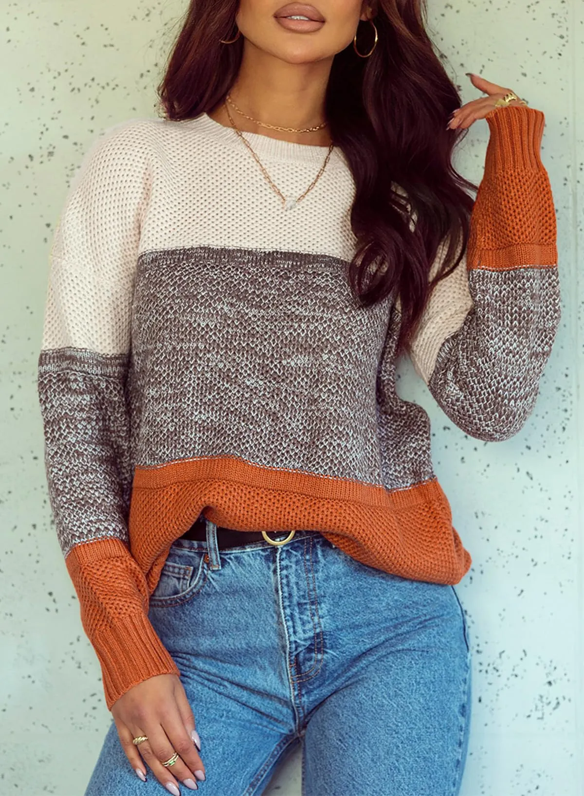Dokotoo Womens Sweaters Winter Crewneck Long Bat Sleeve Color Block Pullover Sweaters Fashion 2024 Fall Tops Casual Knit Pullover Jumper Tops Yellow