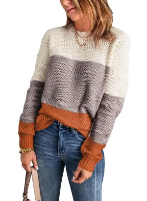 Dokotoo Womens Sweaters Winter Crewneck Long Bat Sleeve Color Block Pullover Sweaters Fashion 2024 Fall Tops Casual Knit Pullover Jumper Tops Yellow