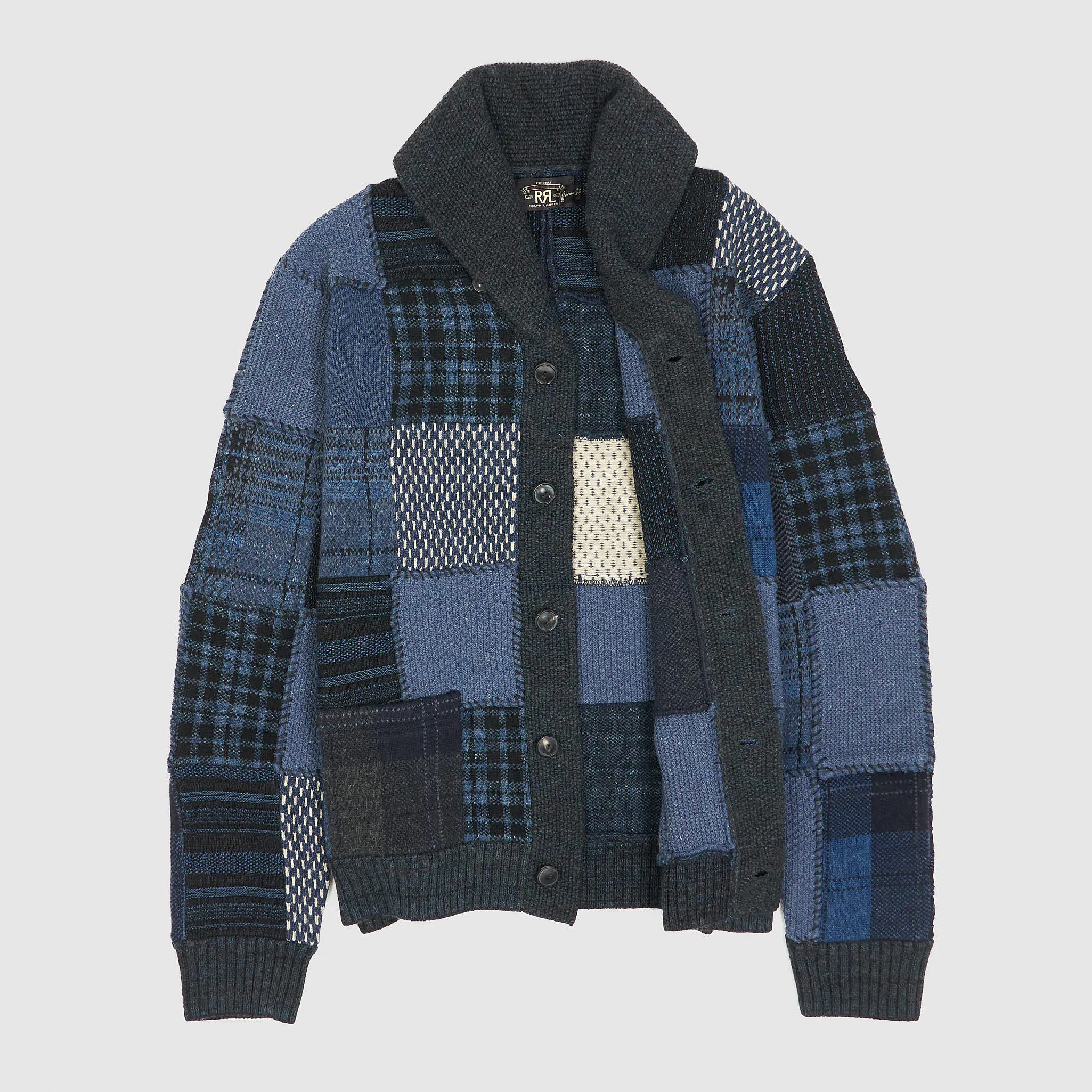 Double RL Patchwork Indigo Shawl Cardigan