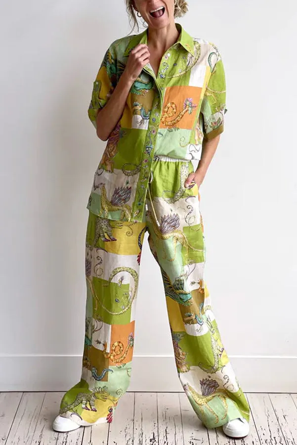 Dragon Family Linen Blend Printed Elastic Waist Pocketed Wide Leg Pants