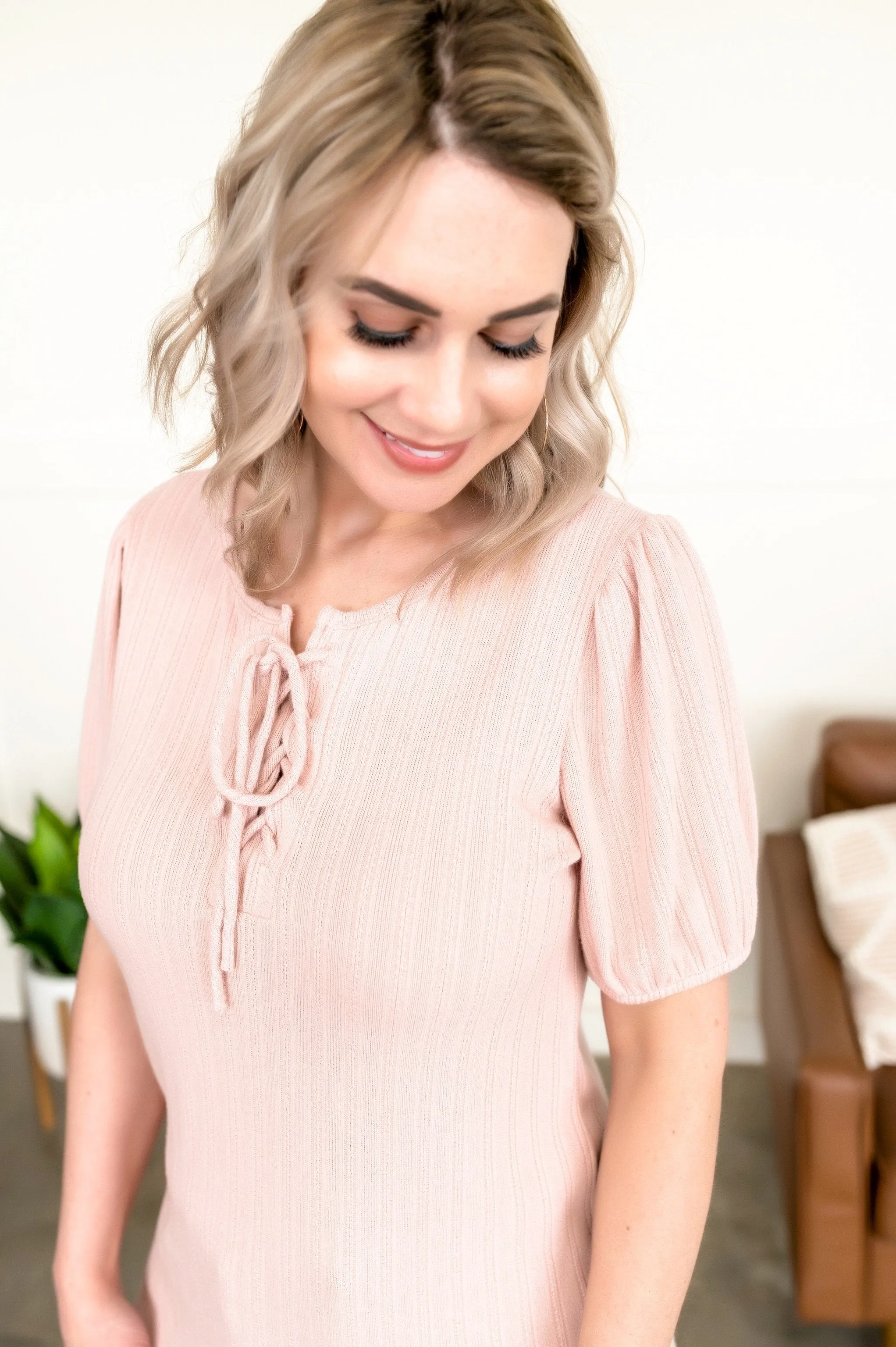 Draw Me In Peach Tie Front Top