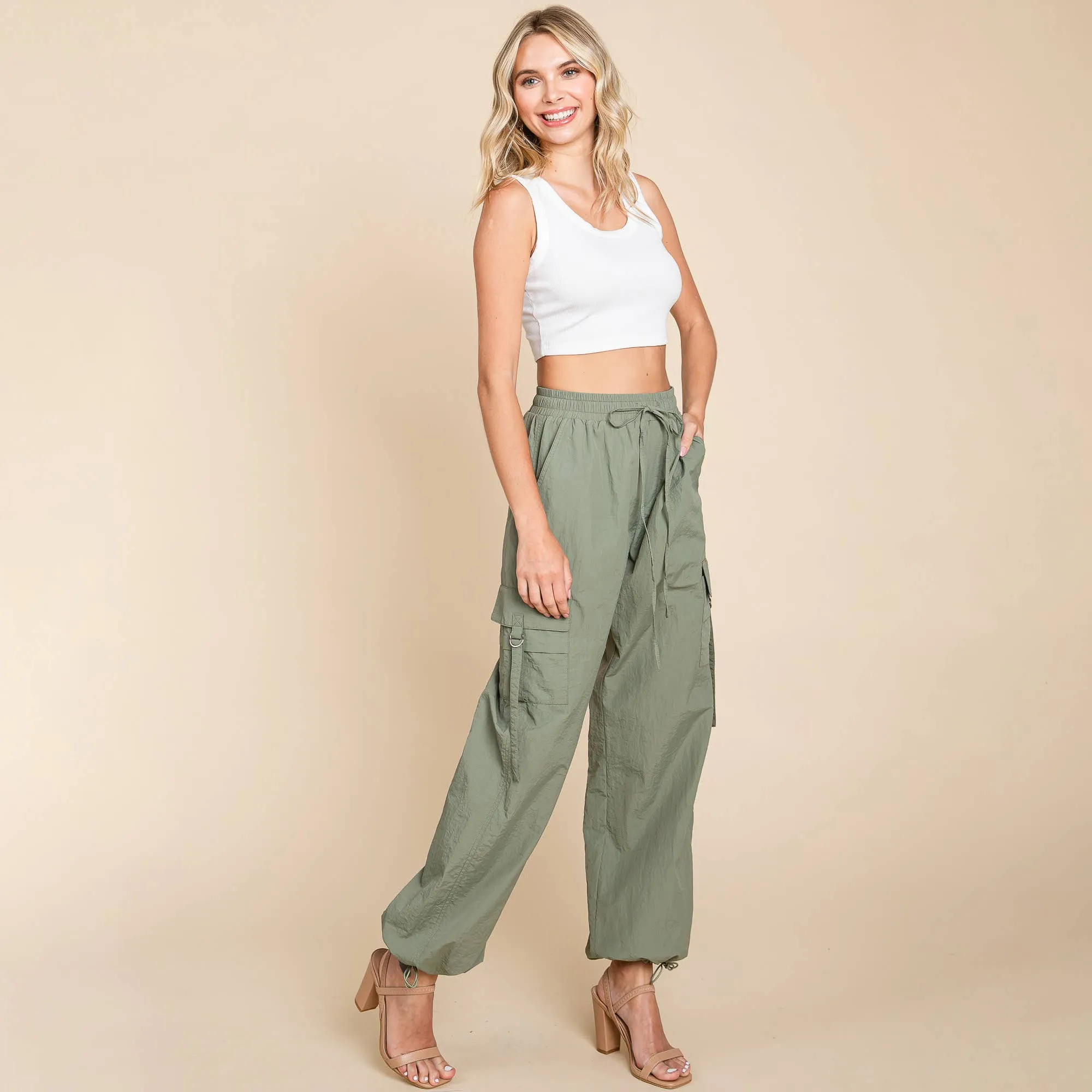 Drawstring Elastic Waist Cargo Pants with Pockets