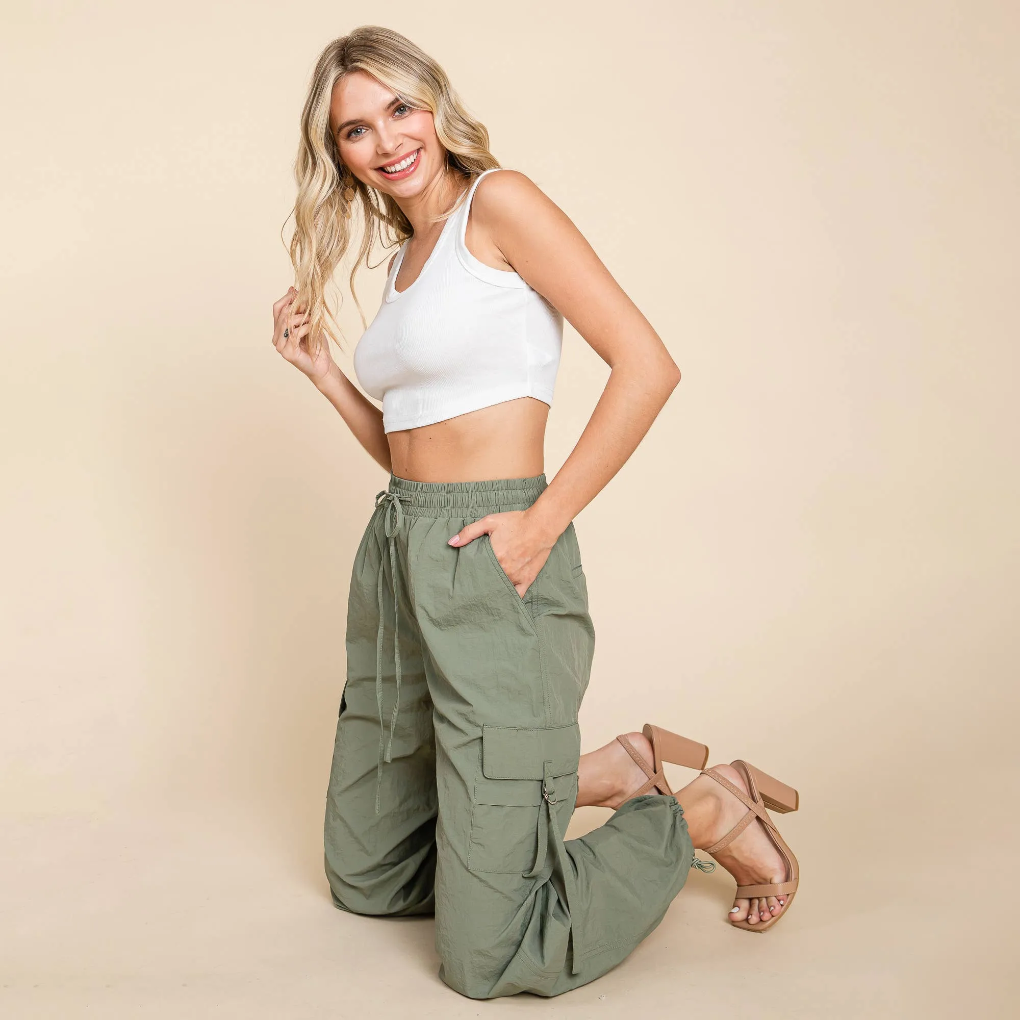 Drawstring Elastic Waist Cargo Pants with Pockets