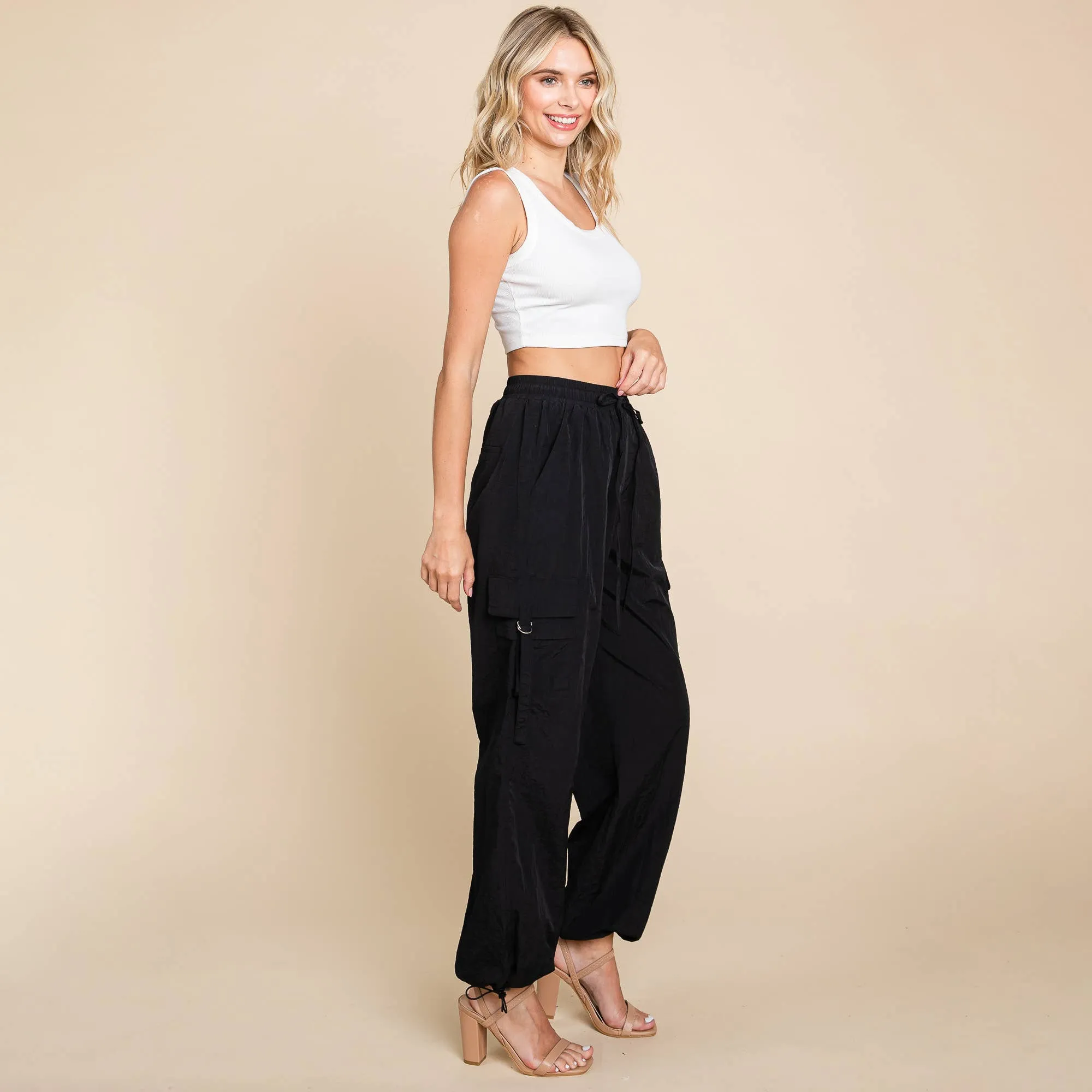 Drawstring Elastic Waist Cargo Pants with Pockets