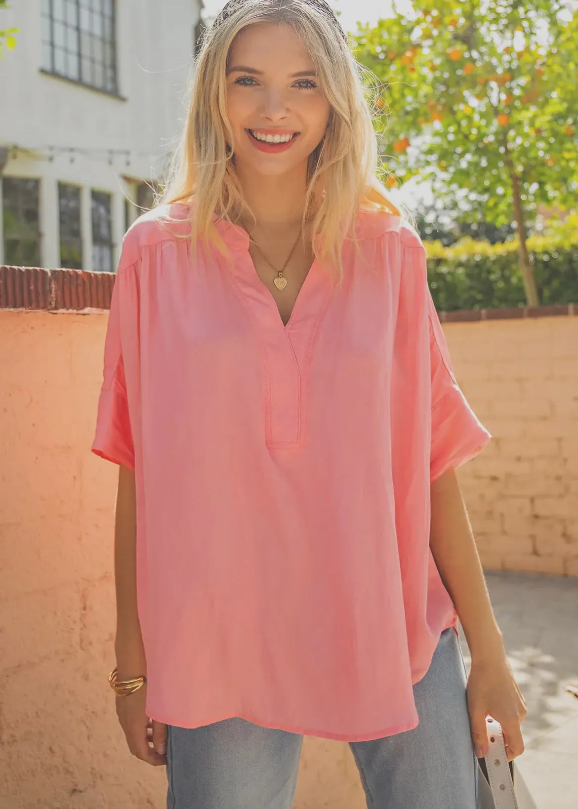 Drop Shoulder Split Neck Top