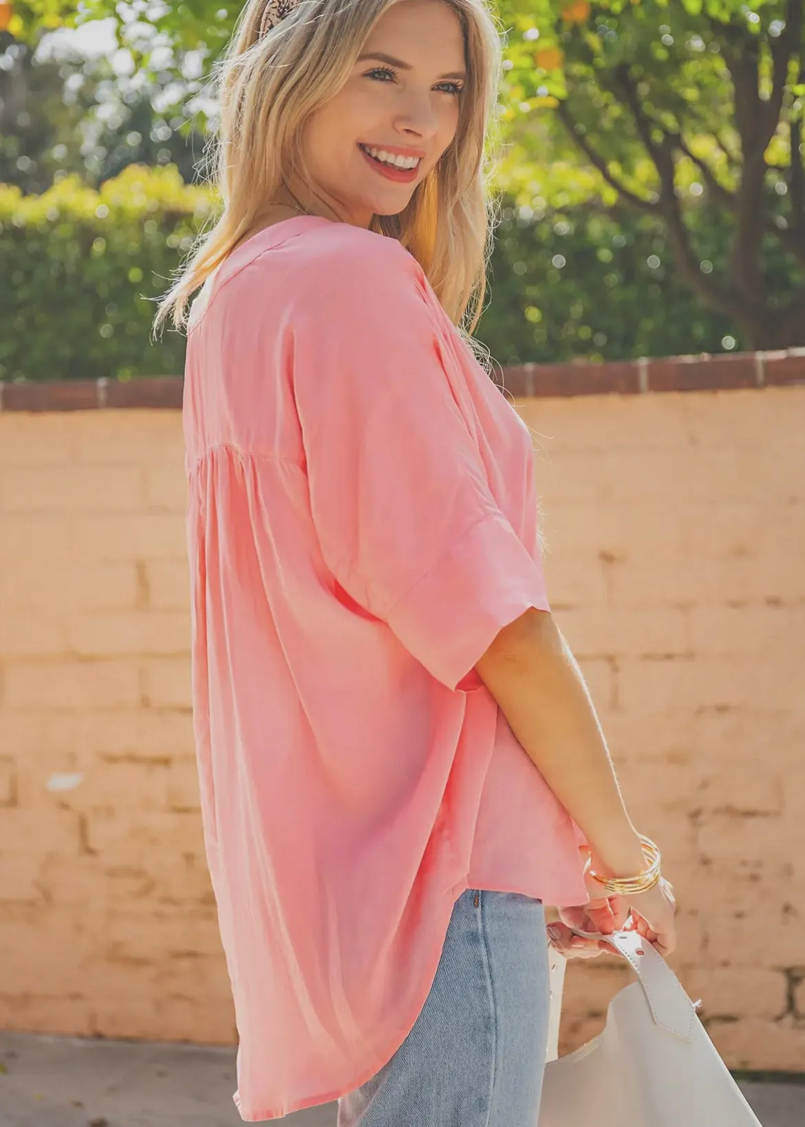 Drop Shoulder Split Neck Top