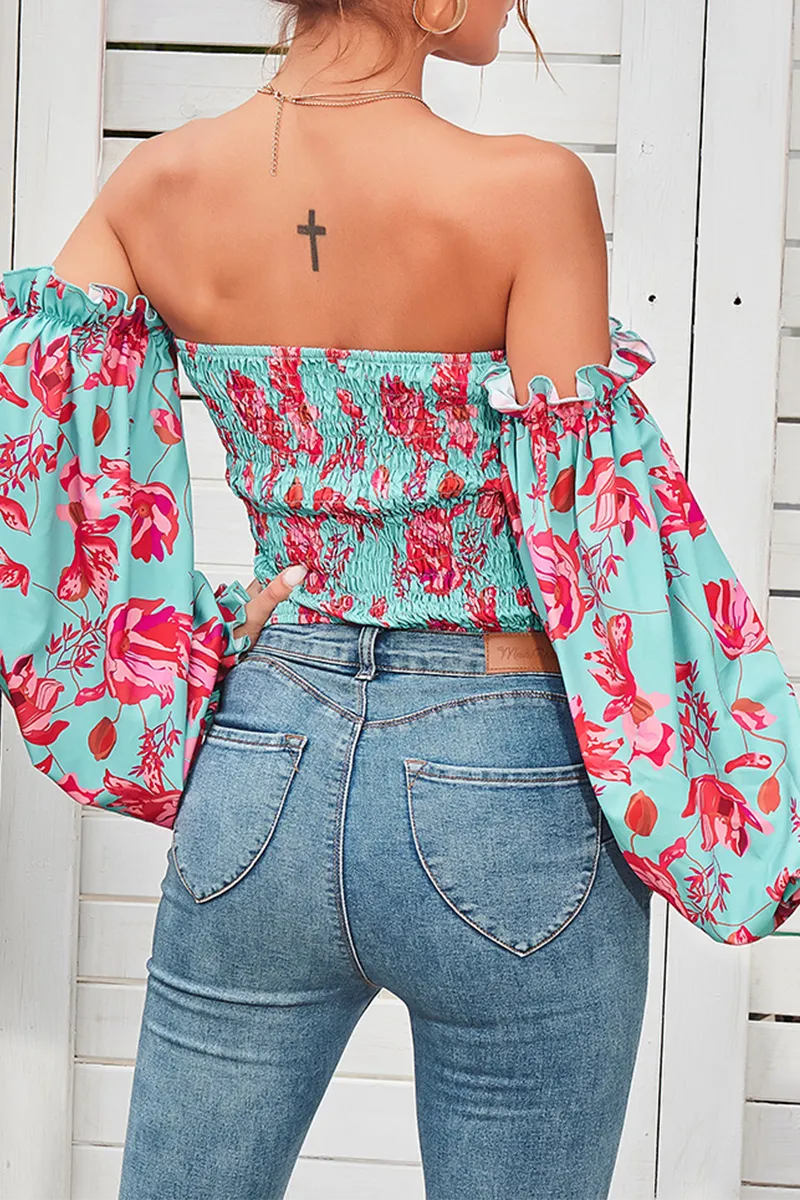 Elegant Floral Split Joint Off the Shoulder Tops