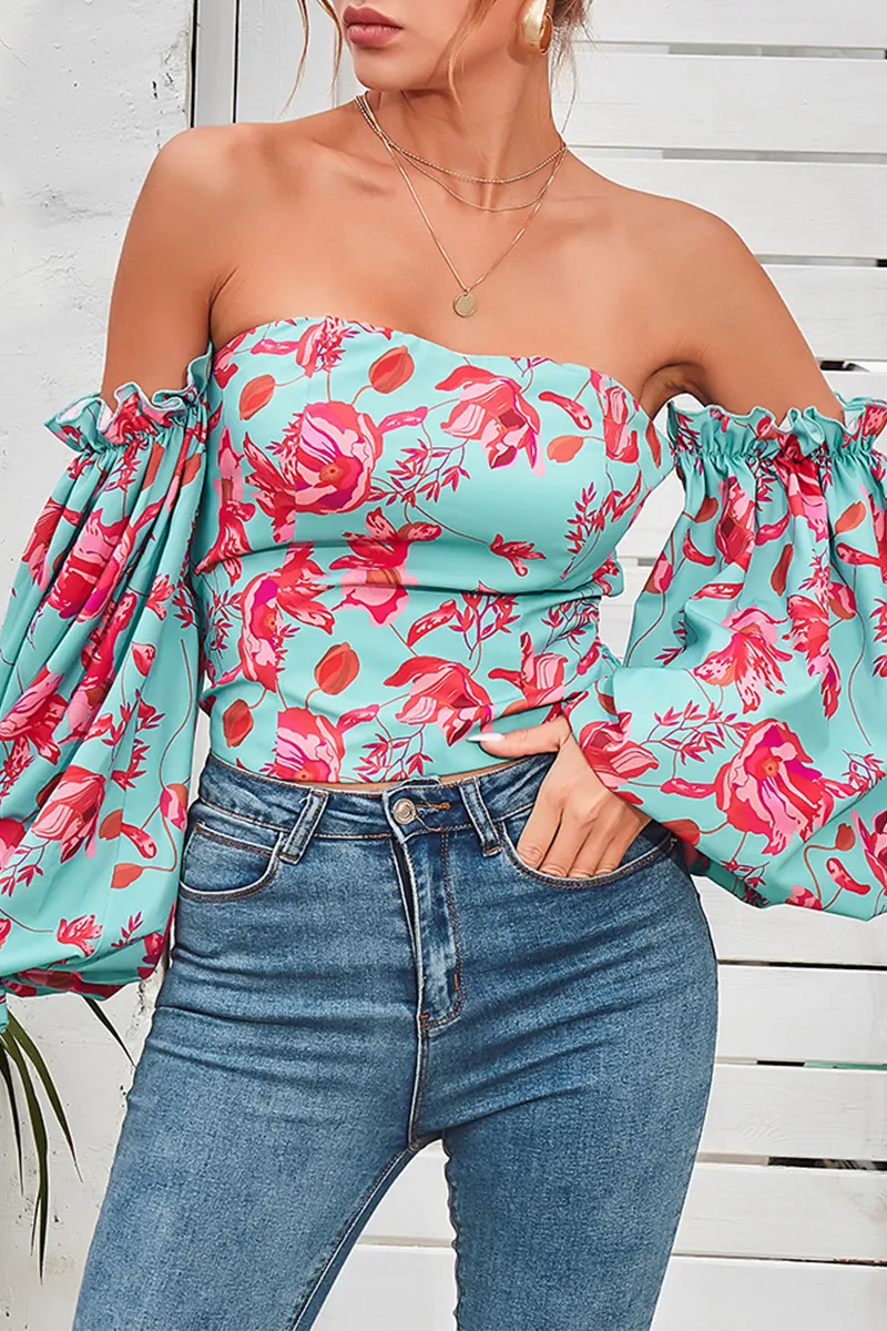 Elegant Floral Split Joint Off the Shoulder Tops