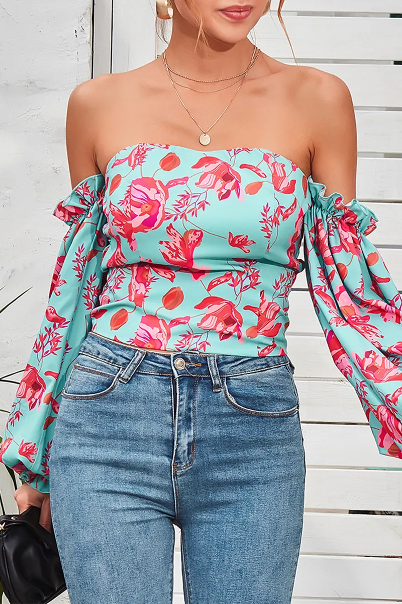 Elegant Floral Split Joint Off the Shoulder Tops