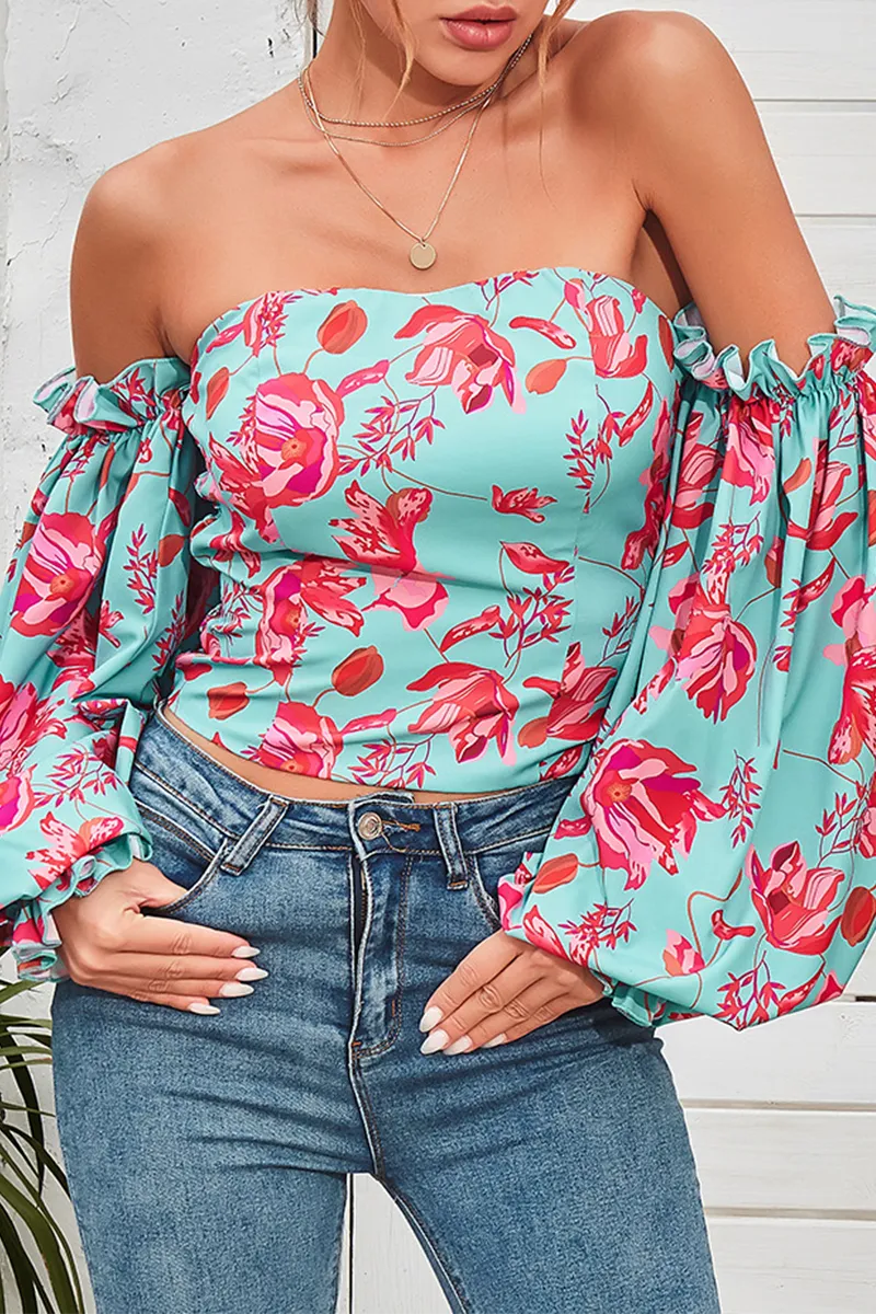 Elegant Floral Split Joint Off the Shoulder Tops