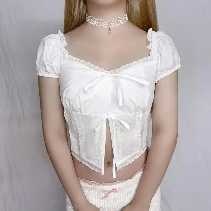 Elegant Y2K Crop Top with Puff Sleeve and Ribbon Details