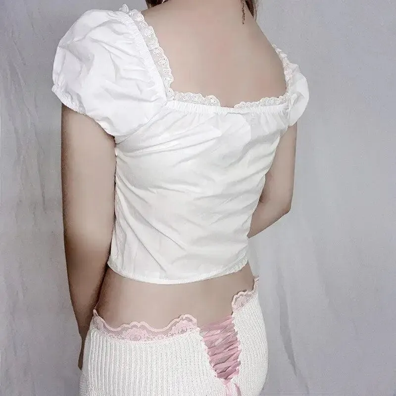 Elegant Y2K Crop Top with Puff Sleeve and Ribbon Details