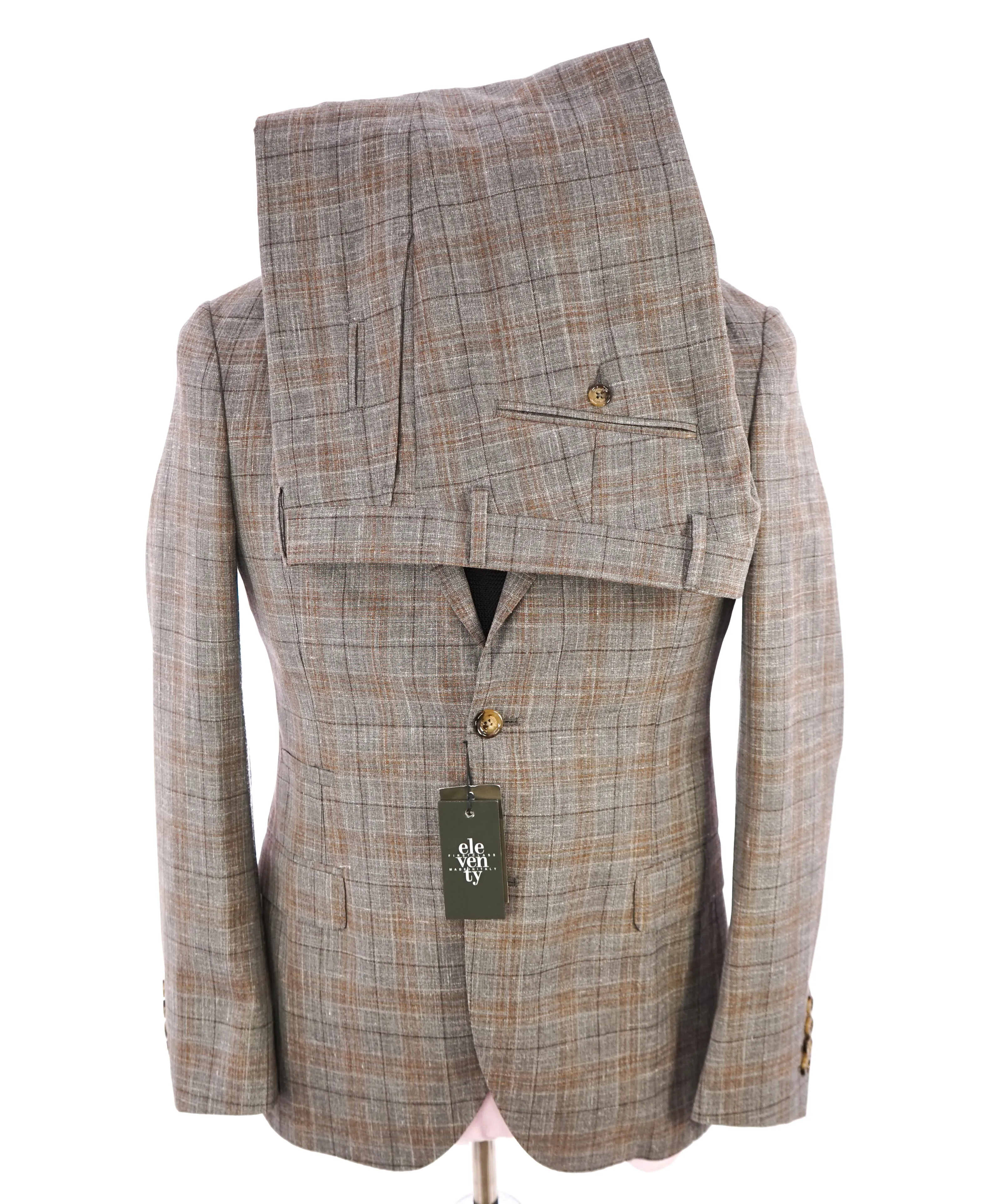 ELEVENTY -  "PREMIUM" Camel & Gray Check WOOL/SILK/LINEN Suit - 46R