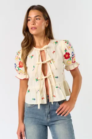 Embroidered Tie Front Shirt