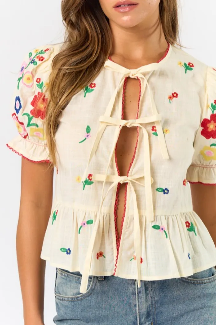 Embroidered Tie Front Shirt