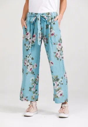Eva linen floral  Pants . Tahitian Blue Rose