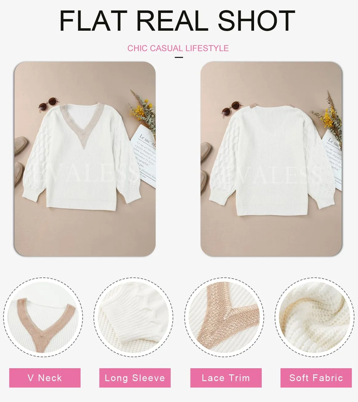 EVALESS Womens Long Sleeve Sweaters Fall 2024 Trendy Sexy Lace V Neck Knit Drop Shoulder Cute Winter Pullover Tunic Sweater Jumper Tops White