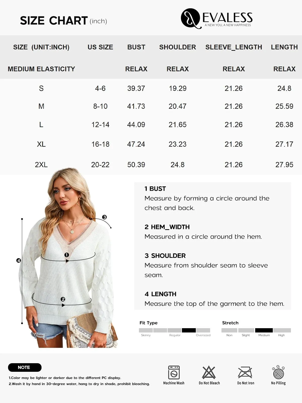 EVALESS Womens Long Sleeve Sweaters Fall 2024 Trendy Sexy Lace V Neck Knit Drop Shoulder Cute Winter Pullover Tunic Sweater Jumper Tops White