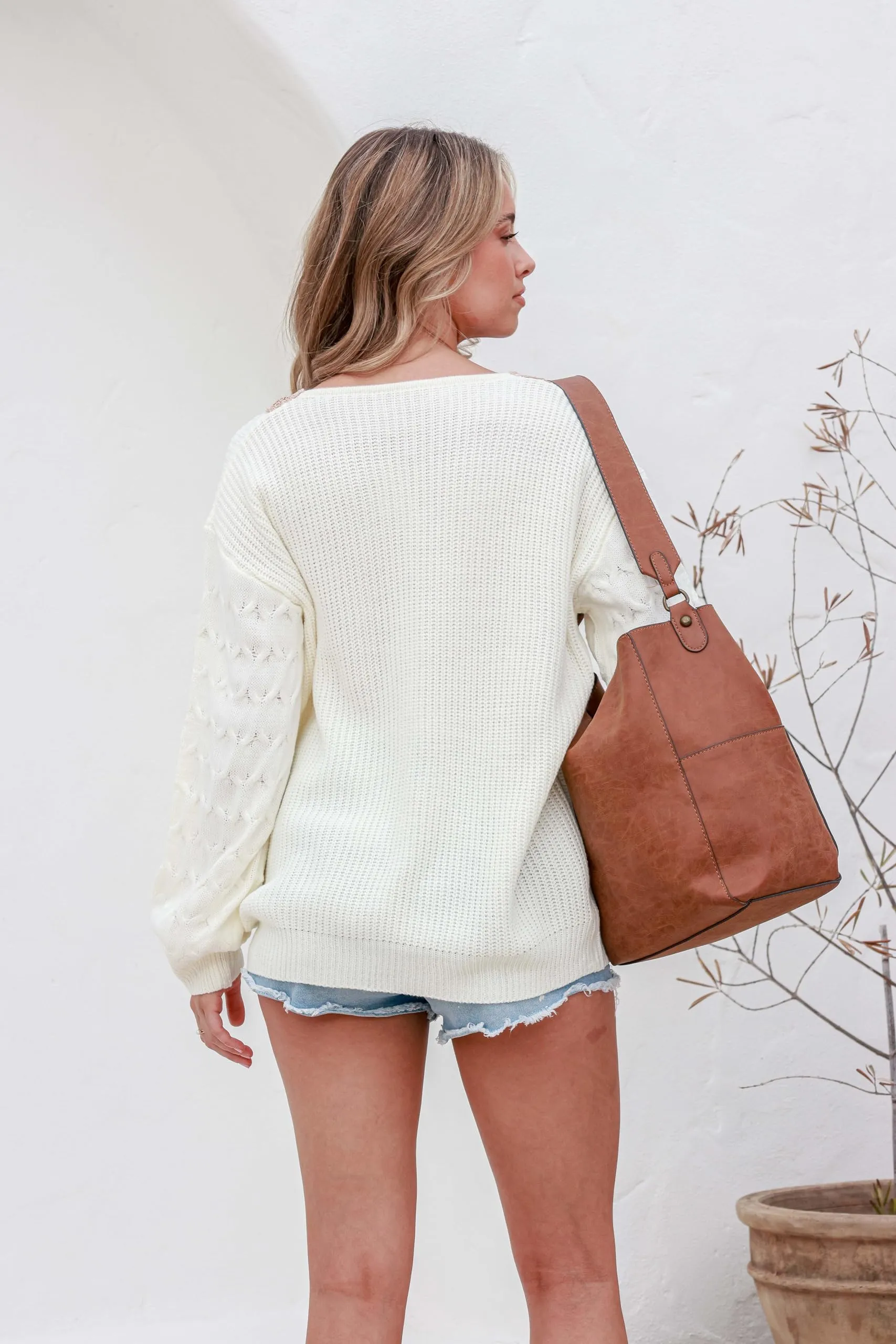 EVALESS Womens Long Sleeve Sweaters Fall 2024 Trendy Sexy Lace V Neck Knit Drop Shoulder Cute Winter Pullover Tunic Sweater Jumper Tops White