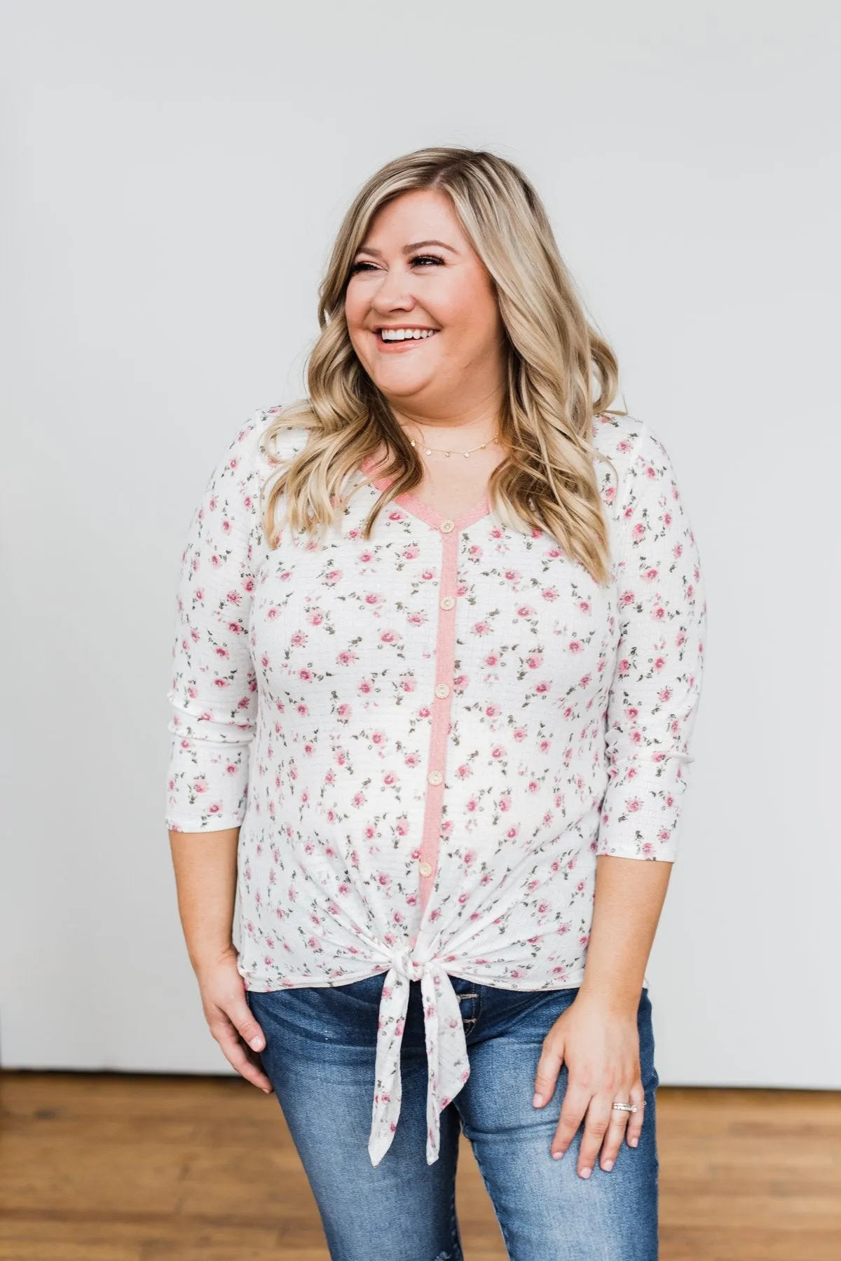 Everything To Me Floral Knit 3/4 Sleeve Top- Ivory
