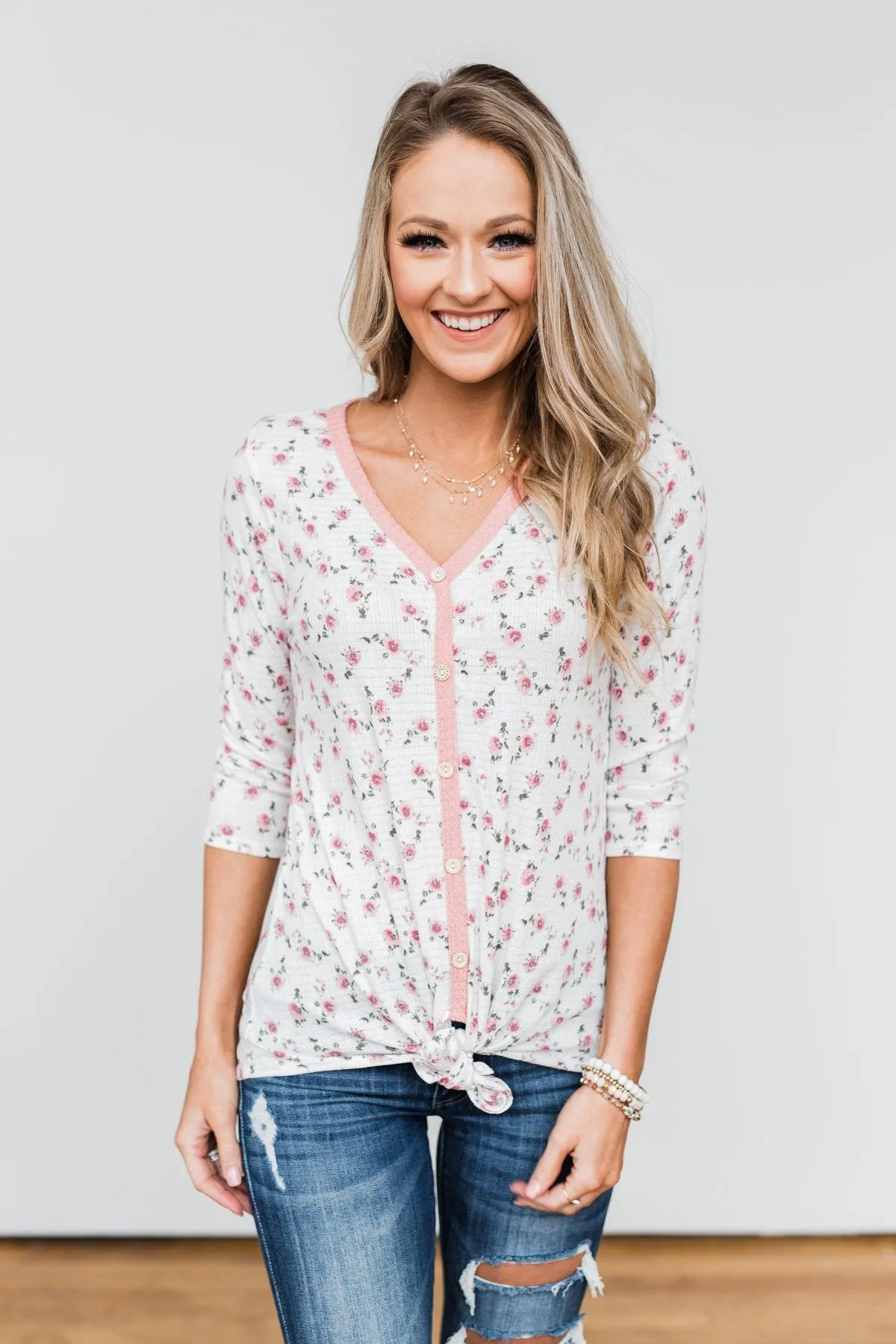 Everything To Me Floral Knit 3/4 Sleeve Top- Ivory