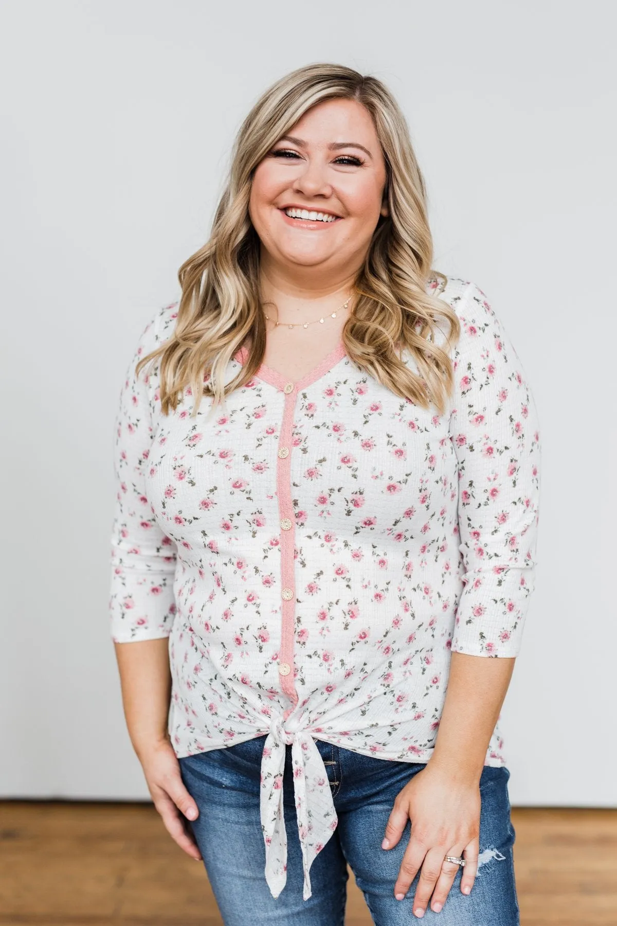 Everything To Me Floral Knit 3/4 Sleeve Top- Ivory