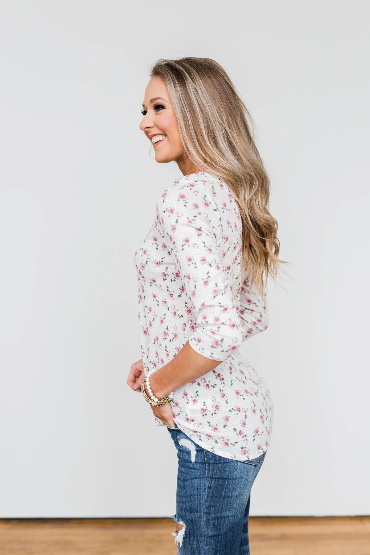 Everything To Me Floral Knit 3/4 Sleeve Top- Ivory