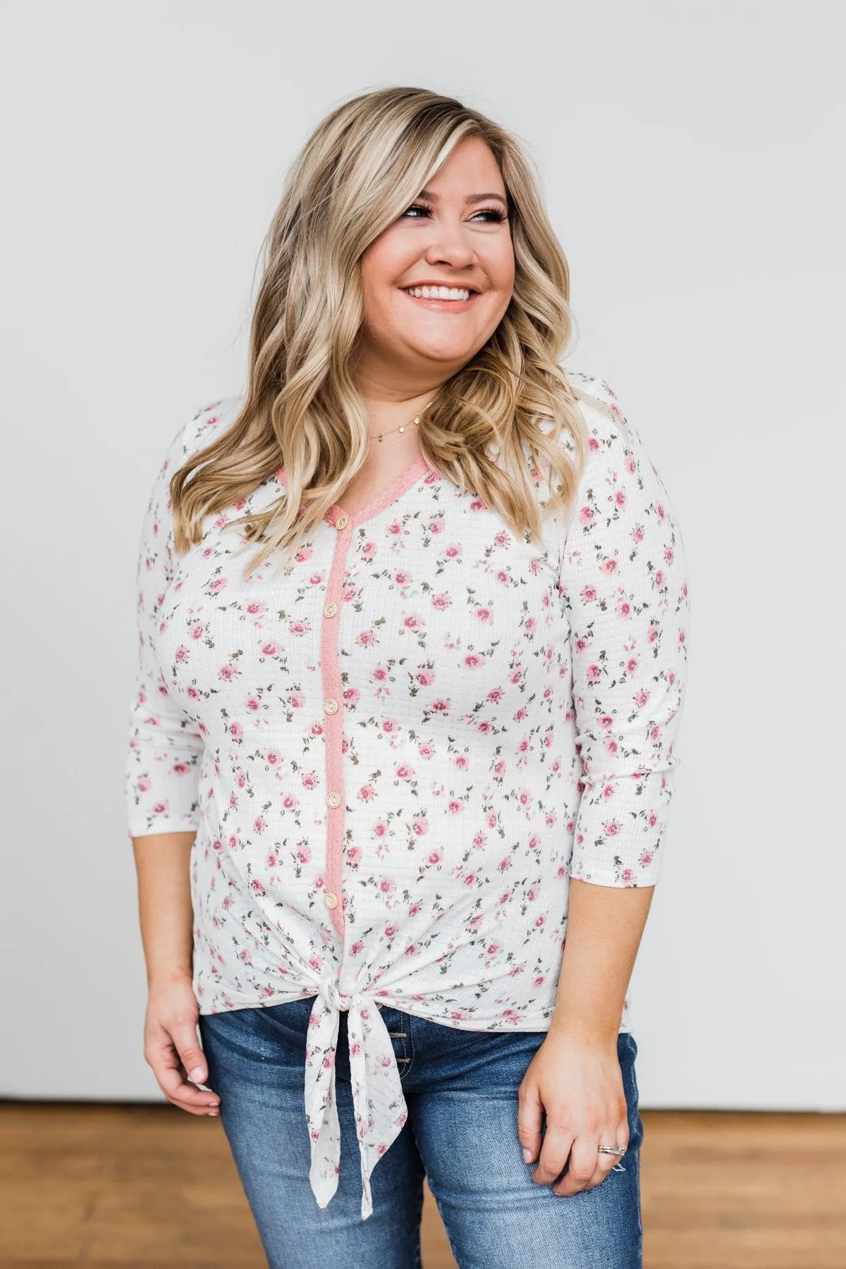 Everything To Me Floral Knit 3/4 Sleeve Top- Ivory