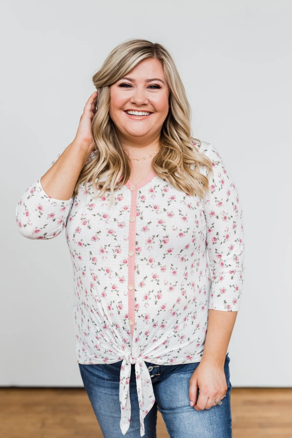 Everything To Me Floral Knit 3/4 Sleeve Top- Ivory