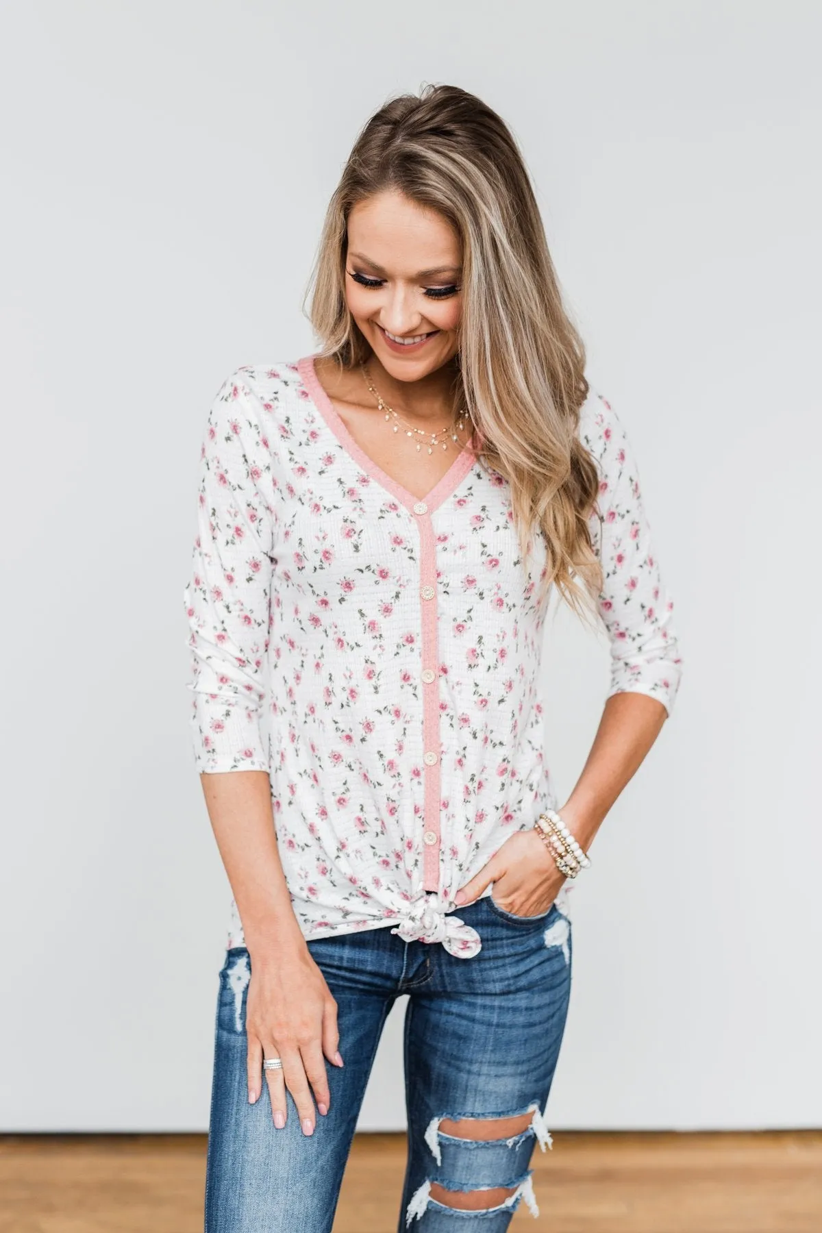 Everything To Me Floral Knit 3/4 Sleeve Top- Ivory