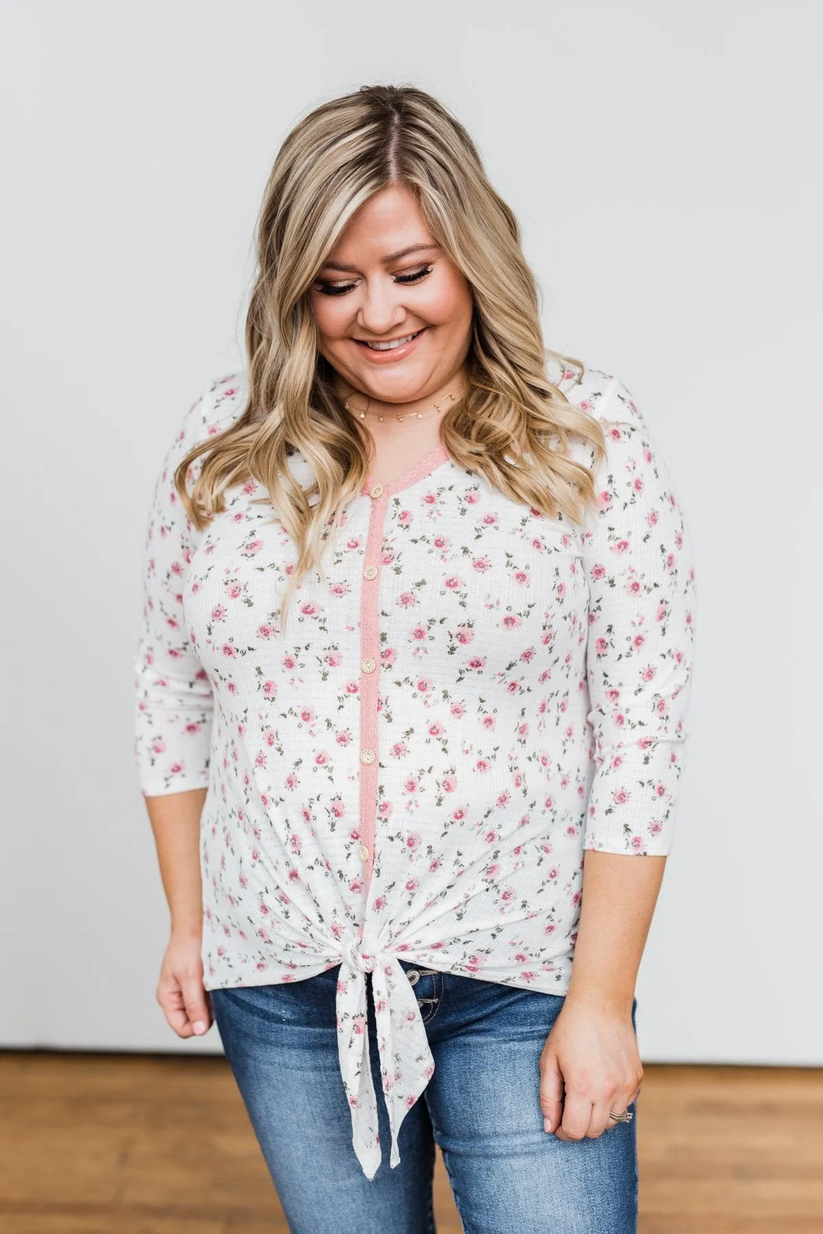 Everything To Me Floral Knit 3/4 Sleeve Top- Ivory