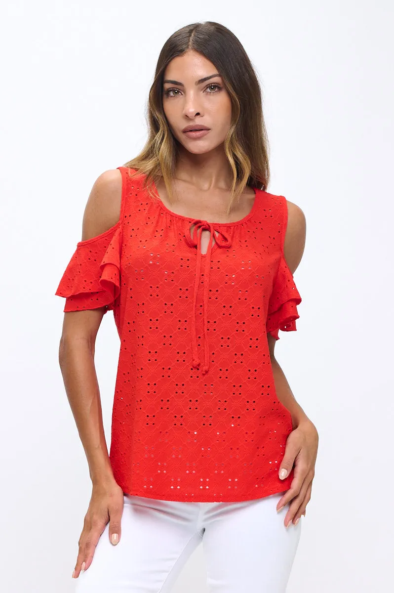 EYELET TIE FLUTTER COLD SHOULDER