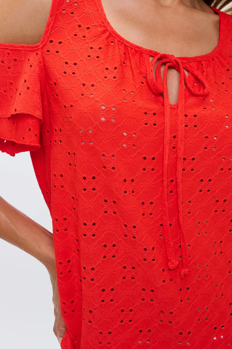 EYELET TIE FLUTTER COLD SHOULDER