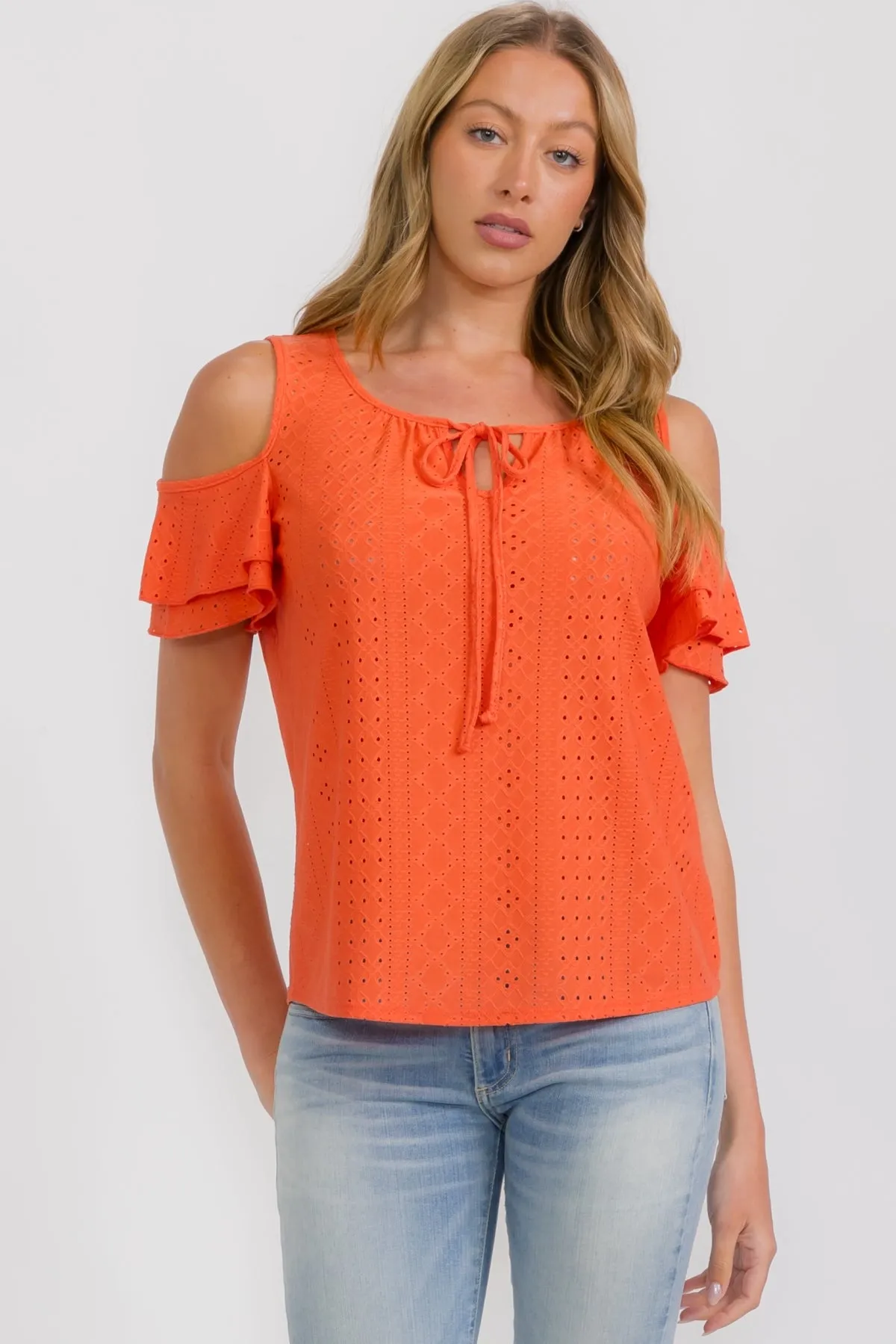EYELET TIE FLUTTER COLD SHOULDER