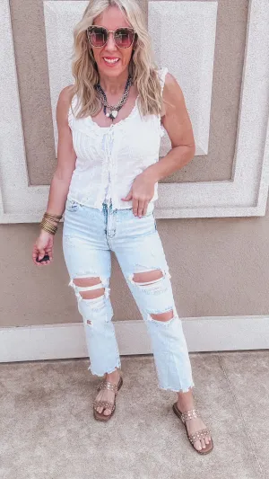 Eyelet Tie Front Sleeveless Top