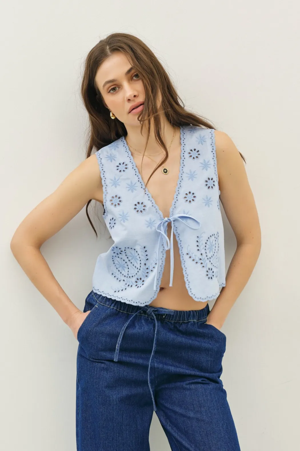 Eyelet Tie Front Vest Top