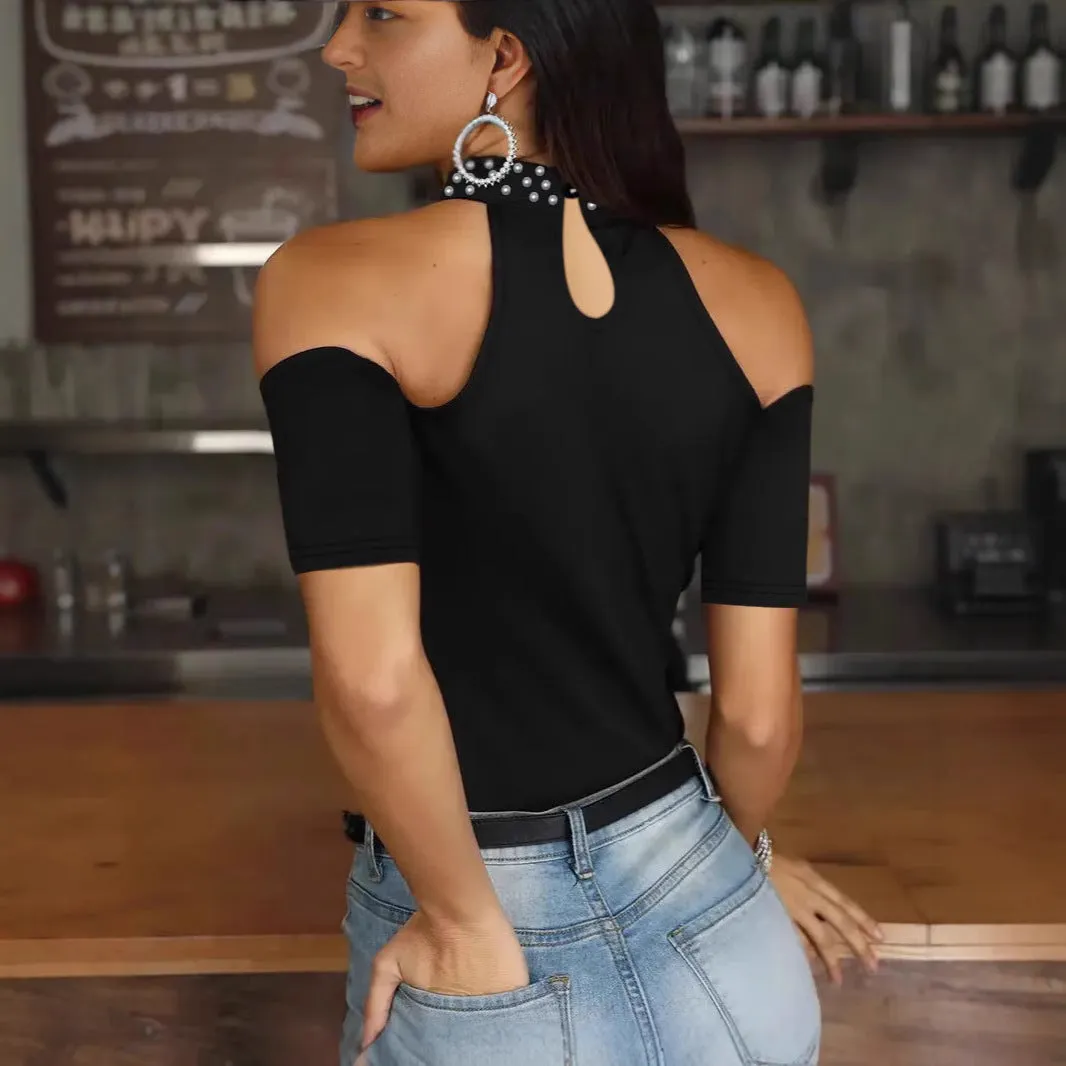 Fashion Casual Solid Color Beads Round Neck Off-Shoulder Short-Sleeved Ladies Tops T-Shirts
