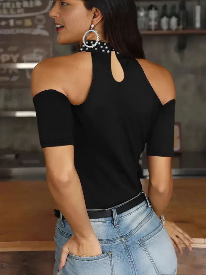 Fashion Casual Solid Color Beads Round Neck Off-Shoulder Short-Sleeved Ladies Tops T-Shirts