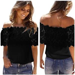 Fashion Chiffon Casual Women Blouses Off Shoulder Casual Tops Blouse Lace Crochet Chiffon Shirt Blouse Female