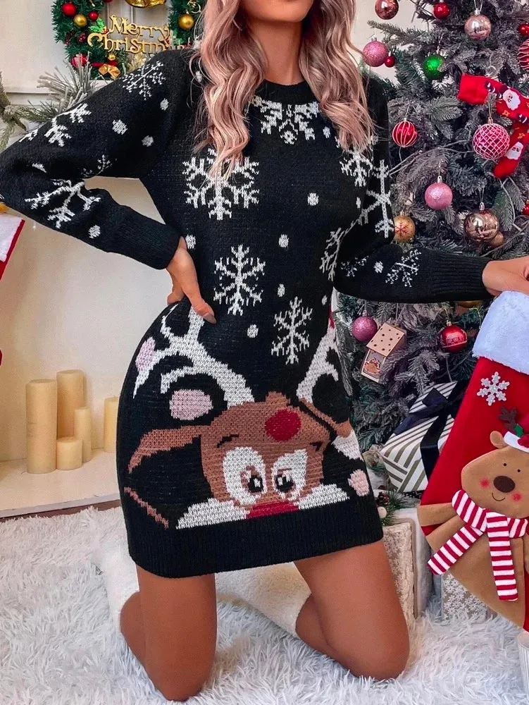 Festival Long Sleeves Wrap Christmas Elk Crochet Sweater Mini Dresses
