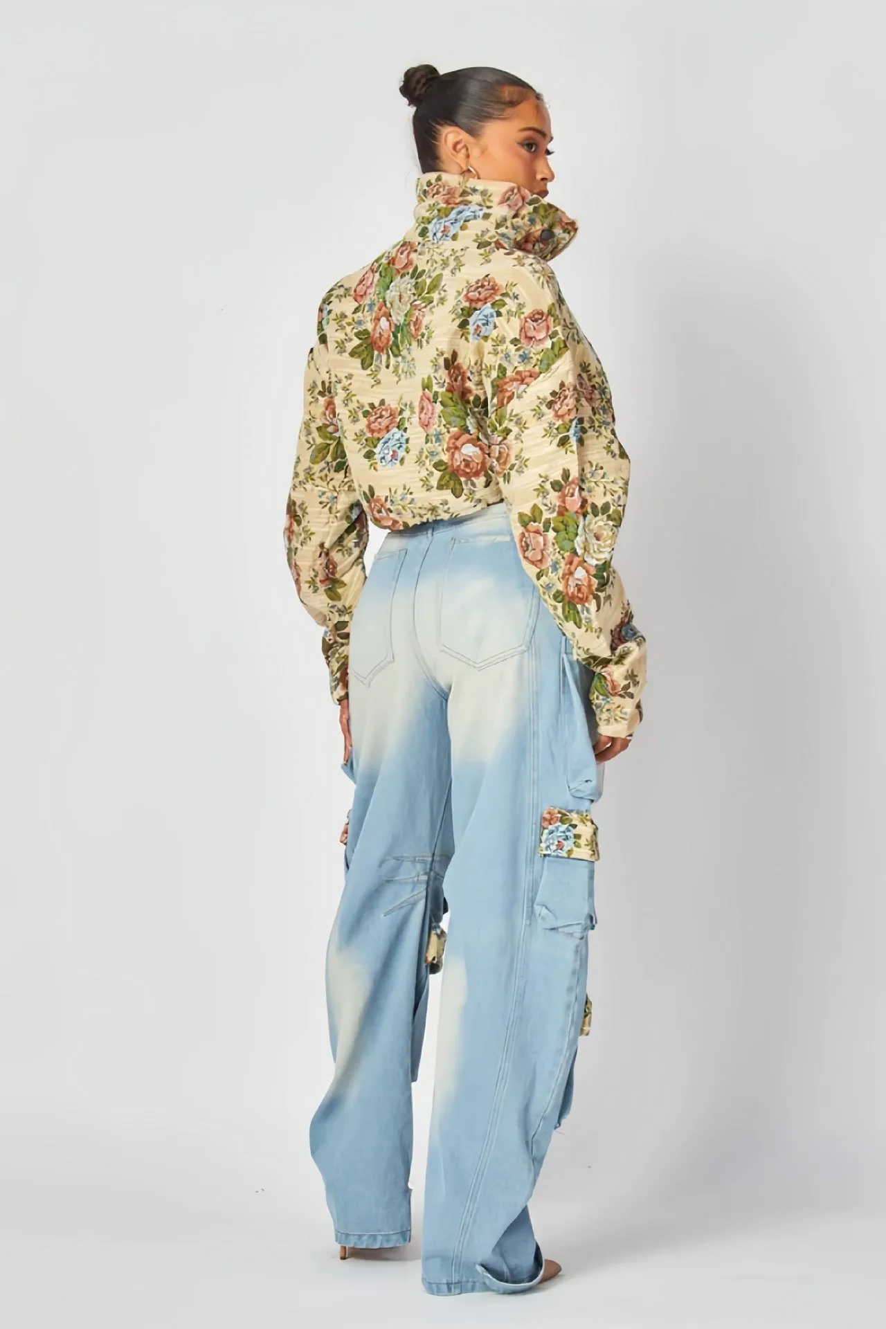 Floral Jacket and Denim Cargo Pant Two-Piece Set for Bold Autumn Style