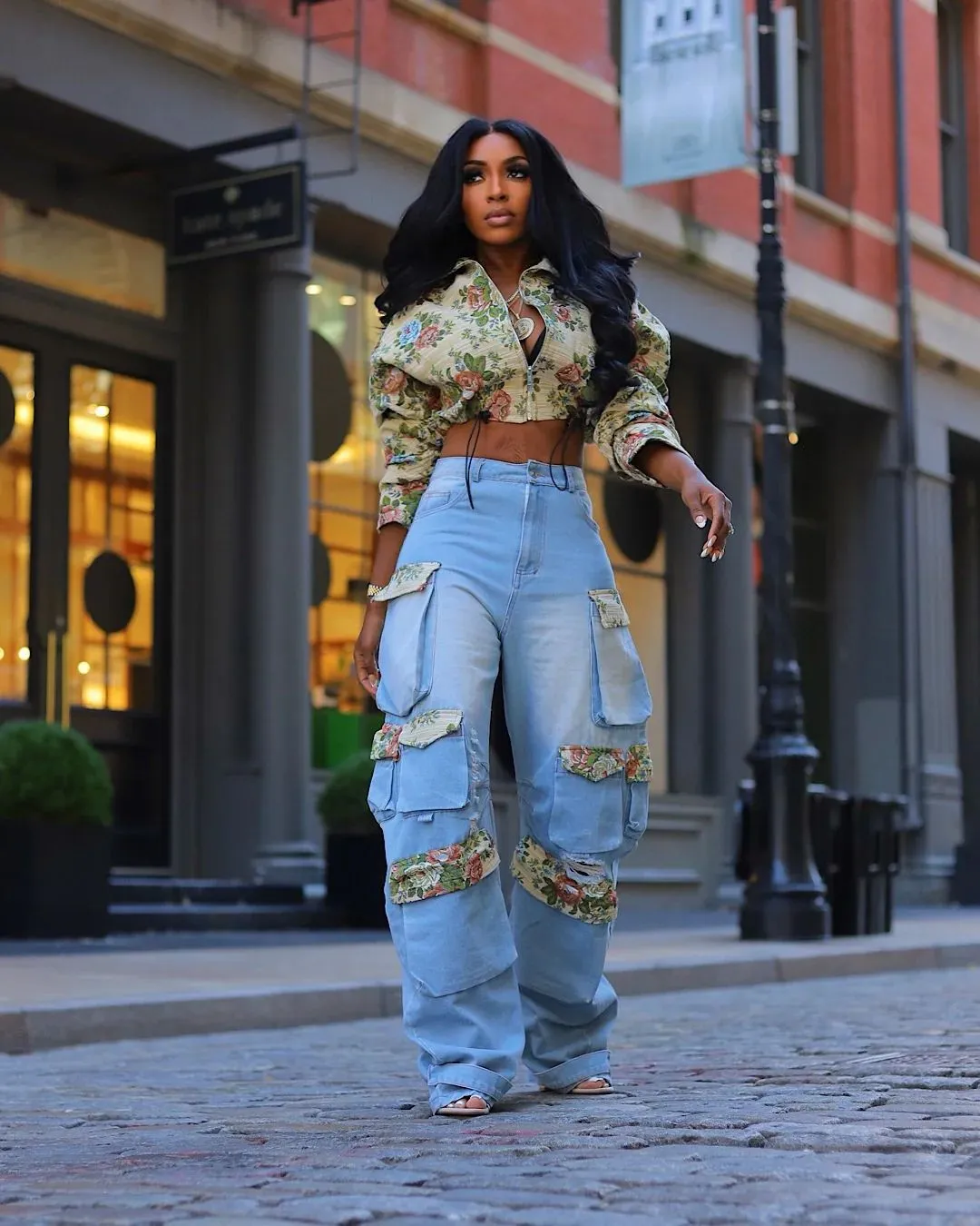 Floral Jacket and Denim Cargo Pant Two-Piece Set for Bold Autumn Style