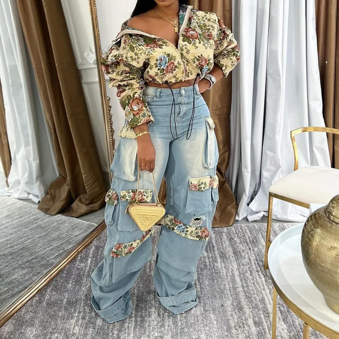 Floral Jacket and Denim Cargo Pant Two-Piece Set for Bold Autumn Style